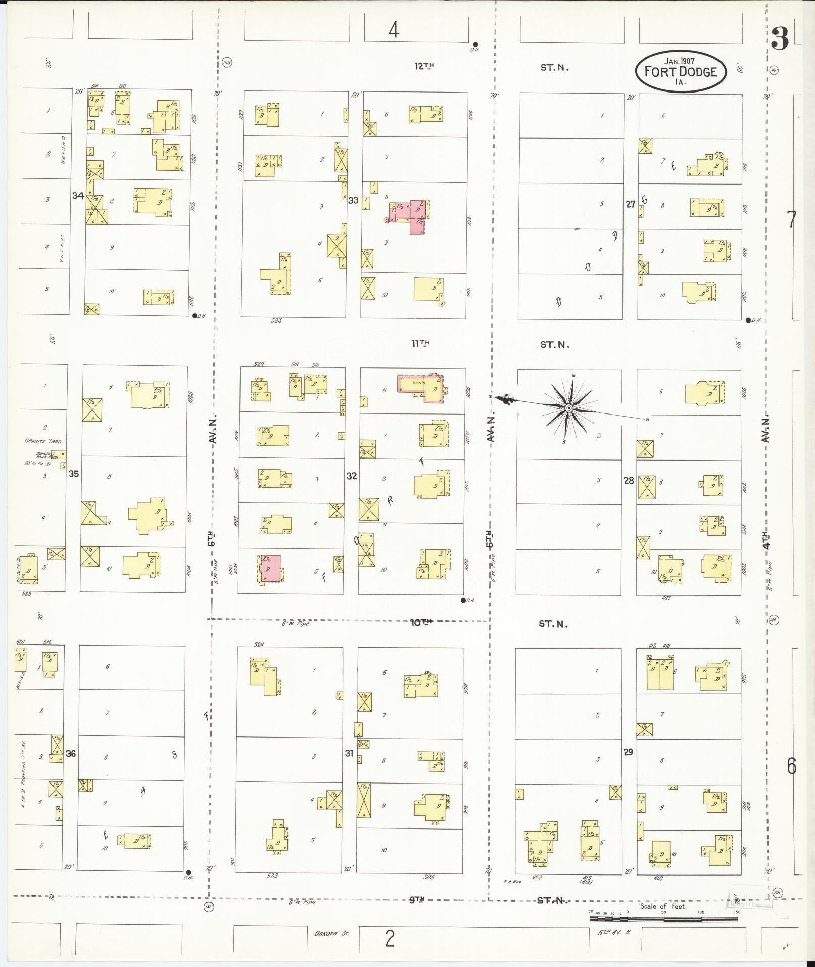 Sanborn Fire Insurance Map from Fort Dodge, Webster County, Iowa (1907), Sheet #0003 - Historic Sanborn Fire Insurance Map Print, vintage old map wall art