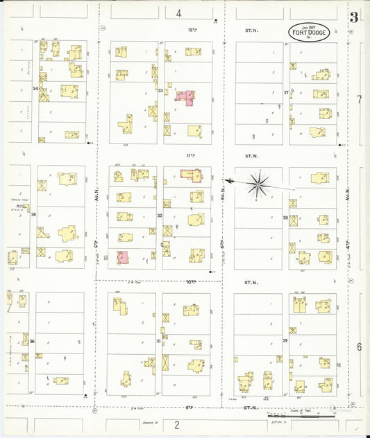 Sanborn Fire Insurance Map from Fort Dodge, Webster County, Iowa (1907), Sheet #0003 - Historic Sanborn Fire Insurance Map Print, vintage old map wall art