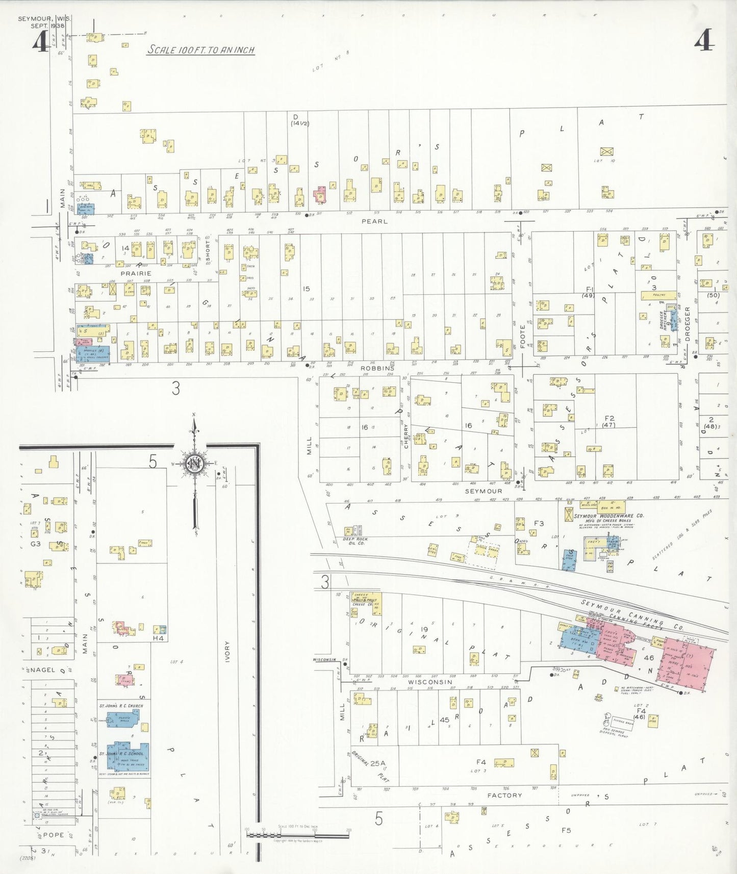 Sanborn Fire Insurance Map from Seymour, Outagamie County, Wisconsin (1938), Sheet #0004 - Historic Sanborn Fire Insurance Map Print, vintage old map wall art, antique decor, genealogy gift, Wisconsin Wisconsin map