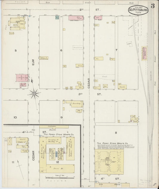 Sanborn Fire Insurance Map from South Pittsburg, Marion County, Tennessee (1887), Sheet #0003 - Historic Sanborn Fire Insurance Map Print, vintage old map wall art, antique decor, genealogy gift, Tennessee Tennessee map
