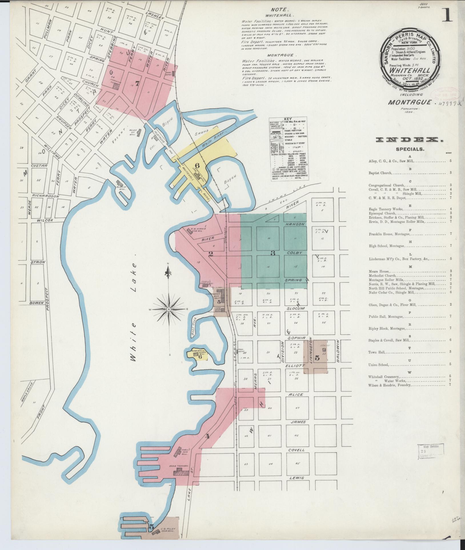 Sanborn Fire Insurance Map from Whitehall, Muskegon County, Michigan (1892), Sheet #0001 - Historic Sanborn Fire Insurance Map Print, vintage old map wall art, antique decor, genealogy gift, Michigan Michigan map