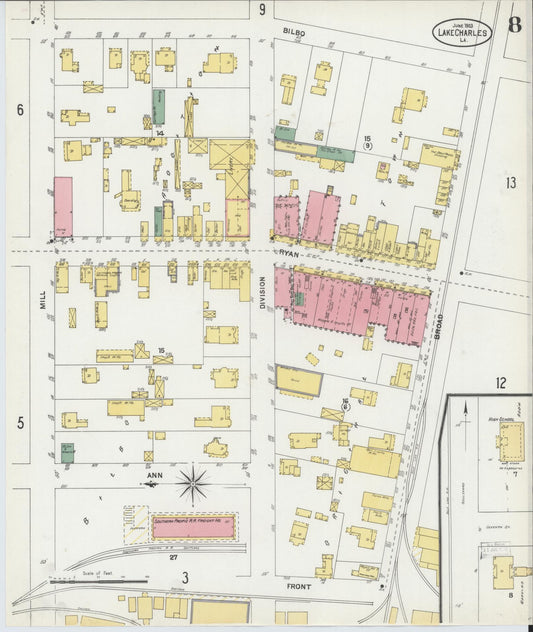 Sanborn Fire Insurance Map from Lake Charles, Calcasieu Parish, Louisiana (1903), Sheet #0008 - Historic Sanborn Fire Insurance Map Print, vintage old map wall art, antique decor, genealogy gift, Louisiana Louisiana map