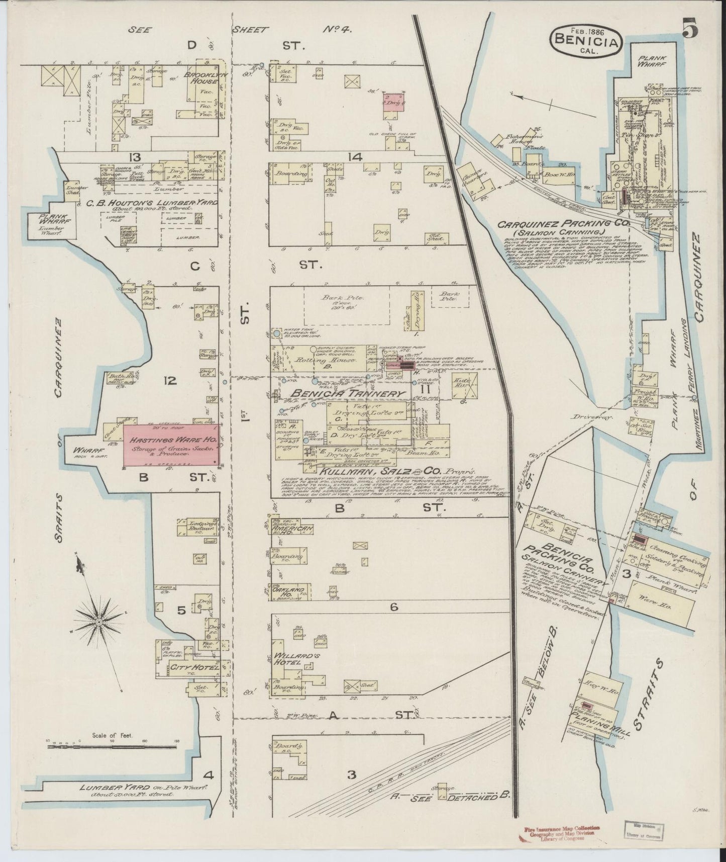 Sanborn Fire Insurance Map from Benicia, Solano County, California (1886), Sheet #0005 - Historic Sanborn Fire Insurance Map Print, vintage old map wall art, antique decor, genealogy gift, California California map