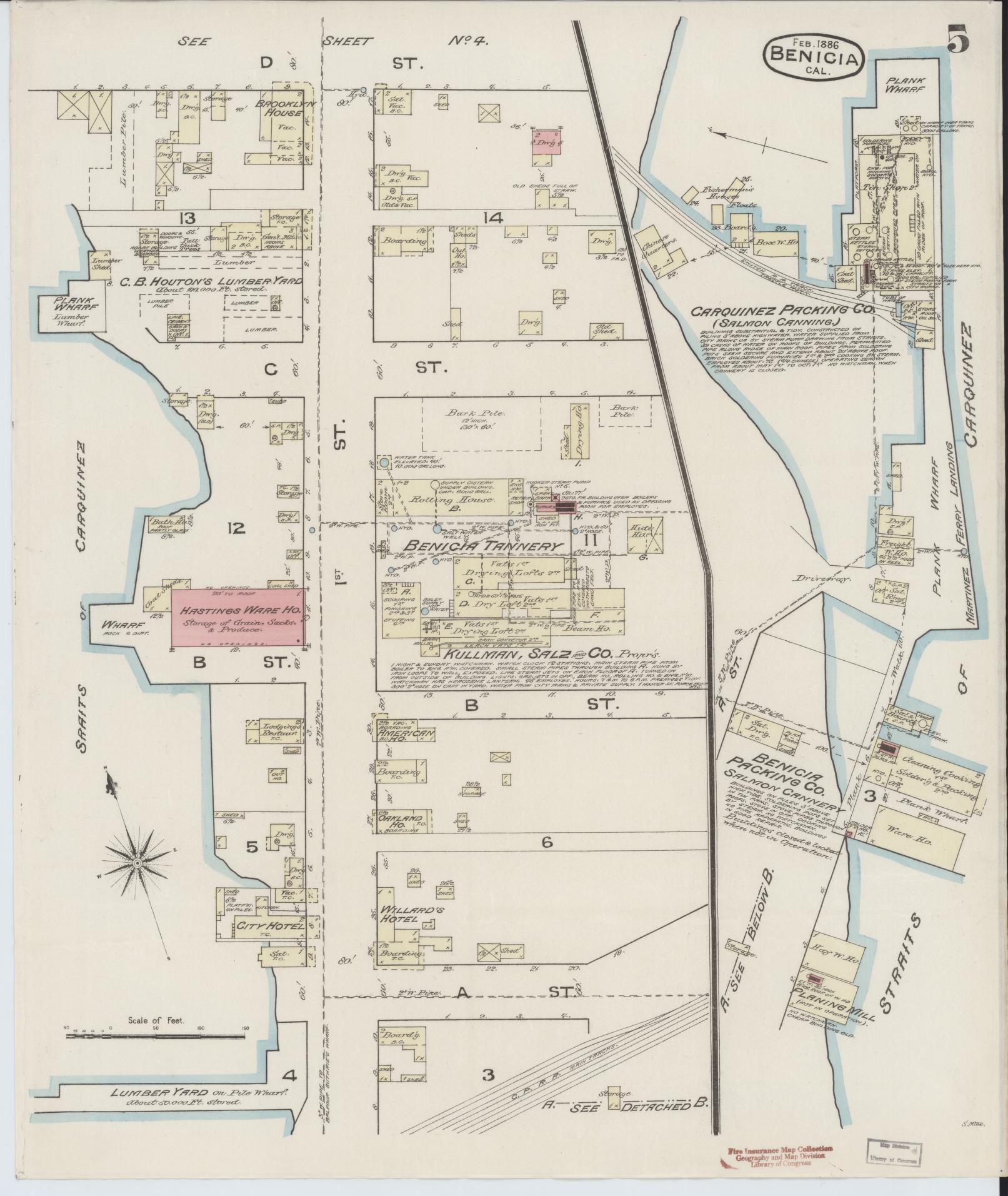 Sanborn Fire Insurance Map from Benicia, Solano County, California (1886), Sheet #0005 - Historic Sanborn Fire Insurance Map Print, vintage old map wall art, antique decor, genealogy gift, California California map