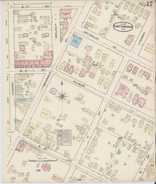 Sanborn Fire Insurance Map from Chattanooga, Hamilton County, Tennessee (1885), Sheet #0017 - Historic Sanborn Fire Insurance Map Print, vintage old map wall art, antique decor, genealogy gift, Tennessee Tennessee map