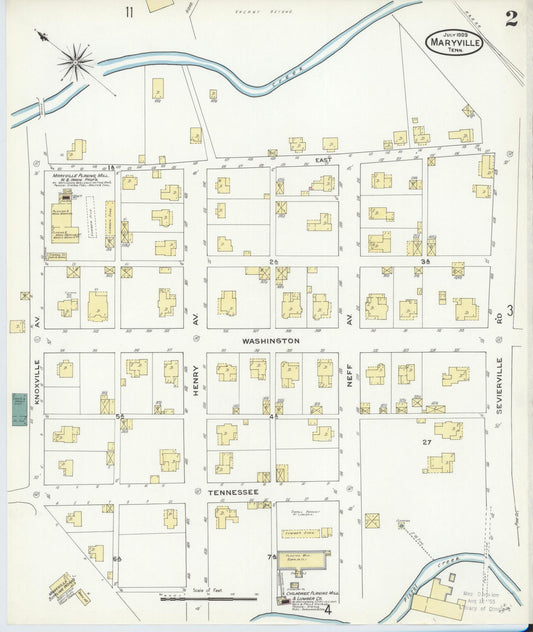 Sanborn Fire Insurance Map from Maryville, Blount County, Tennessee (1909), Sheet #0002 - Historic Sanborn Fire Insurance Map Print, vintage old map wall art, antique decor, genealogy gift, Tennessee Tennessee map