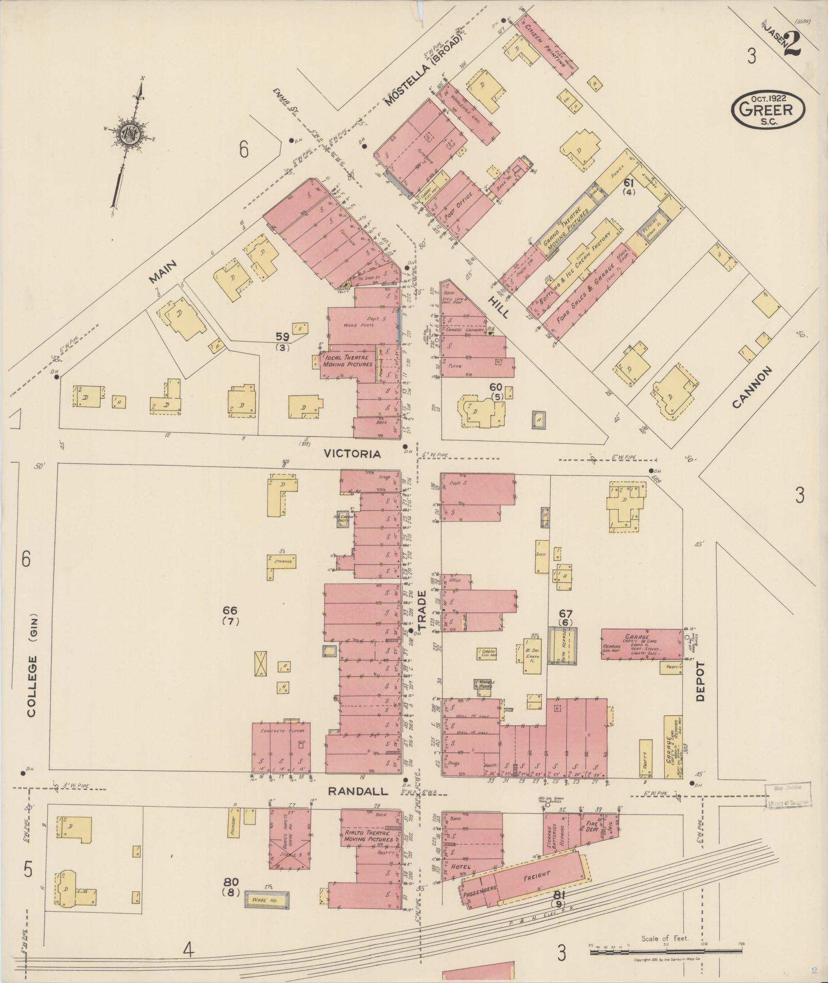 Sanborn Fire Insurance Map from Greer, Greenville and Spartanburg Counties, South Carolina (1922), Sheet #0002 - Complete Map Set gallery image, historic Sanborn map, vintage wall art, South Carolina South Carolina