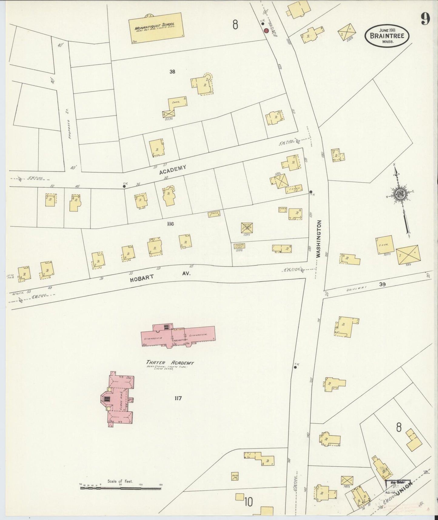 Sanborn Fire Insurance Map from Braintree, Norfolk County, Massachusetts (1911), Sheet #0009 - Complete Map Set gallery image, historic Sanborn map, vintage wall art, Massachusetts Massachusetts