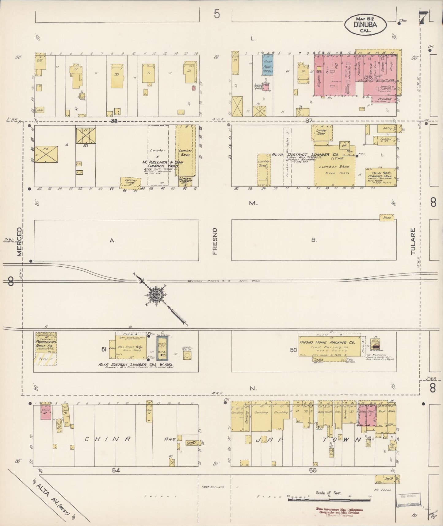 Sanborn Fire Insurance Map from Dinuba, Tulare County, California (1912), Sheet #0007 - Complete Map Set gallery image, historic Sanborn map, vintage wall art, California California