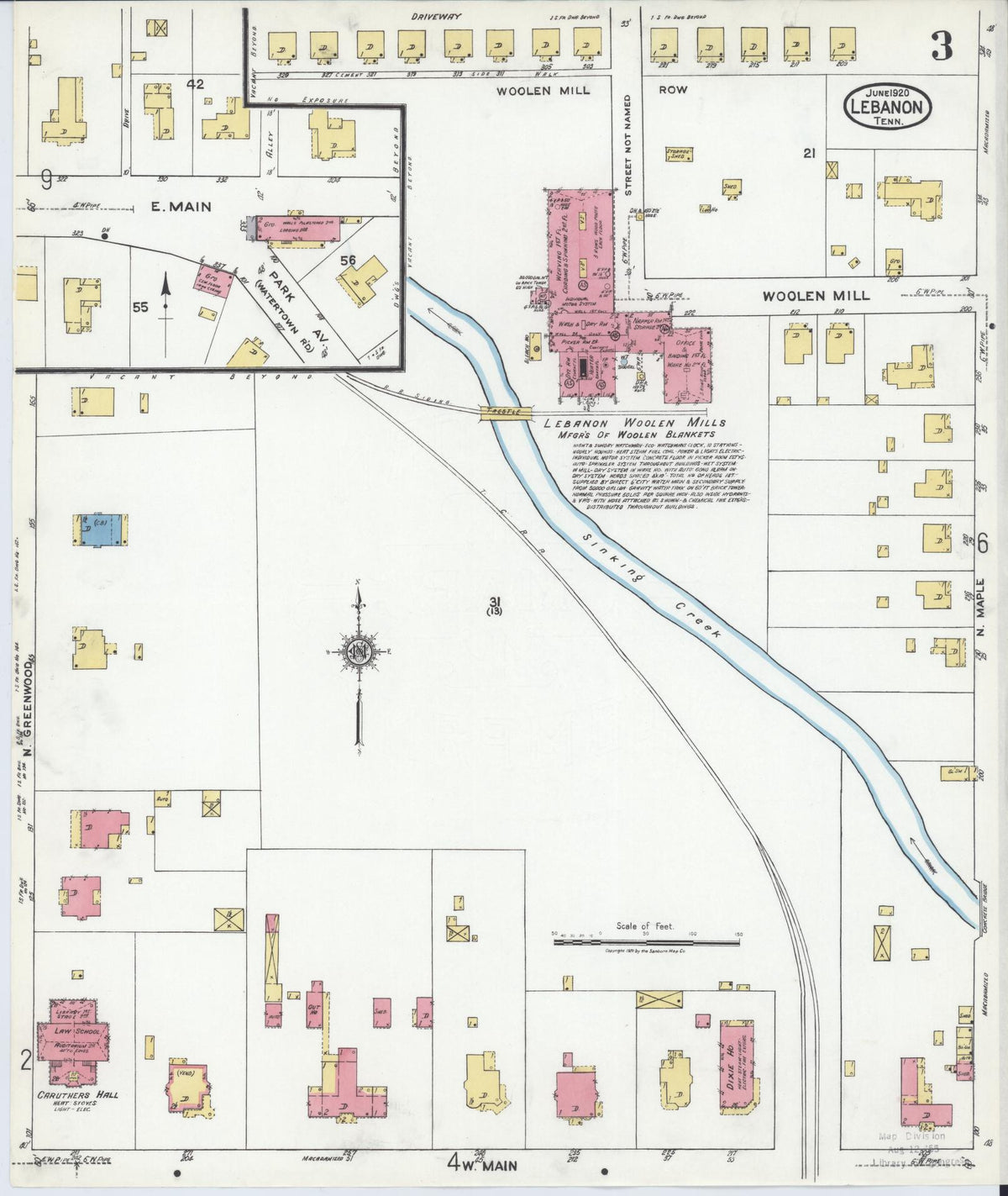 Sanborn Fire Insurance Map from Lebanon, Wilson County, Tennessee (1920), Sheet #0003 - Complete Map Set gallery image, historic Sanborn map, vintage wall art, Tennessee Tennessee