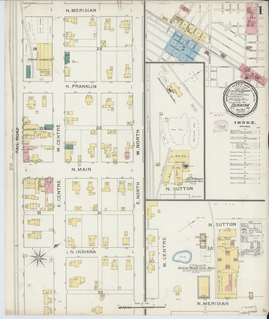 Sanborn Fire Insurance Map from Dunkirk, Jay And Blackford Counties, Indiana (1893), Sheet #0001 - Historic Sanborn Fire Insurance Map Print, vintage old map wall art, antique decor, genealogy gift, Indiana Indiana map