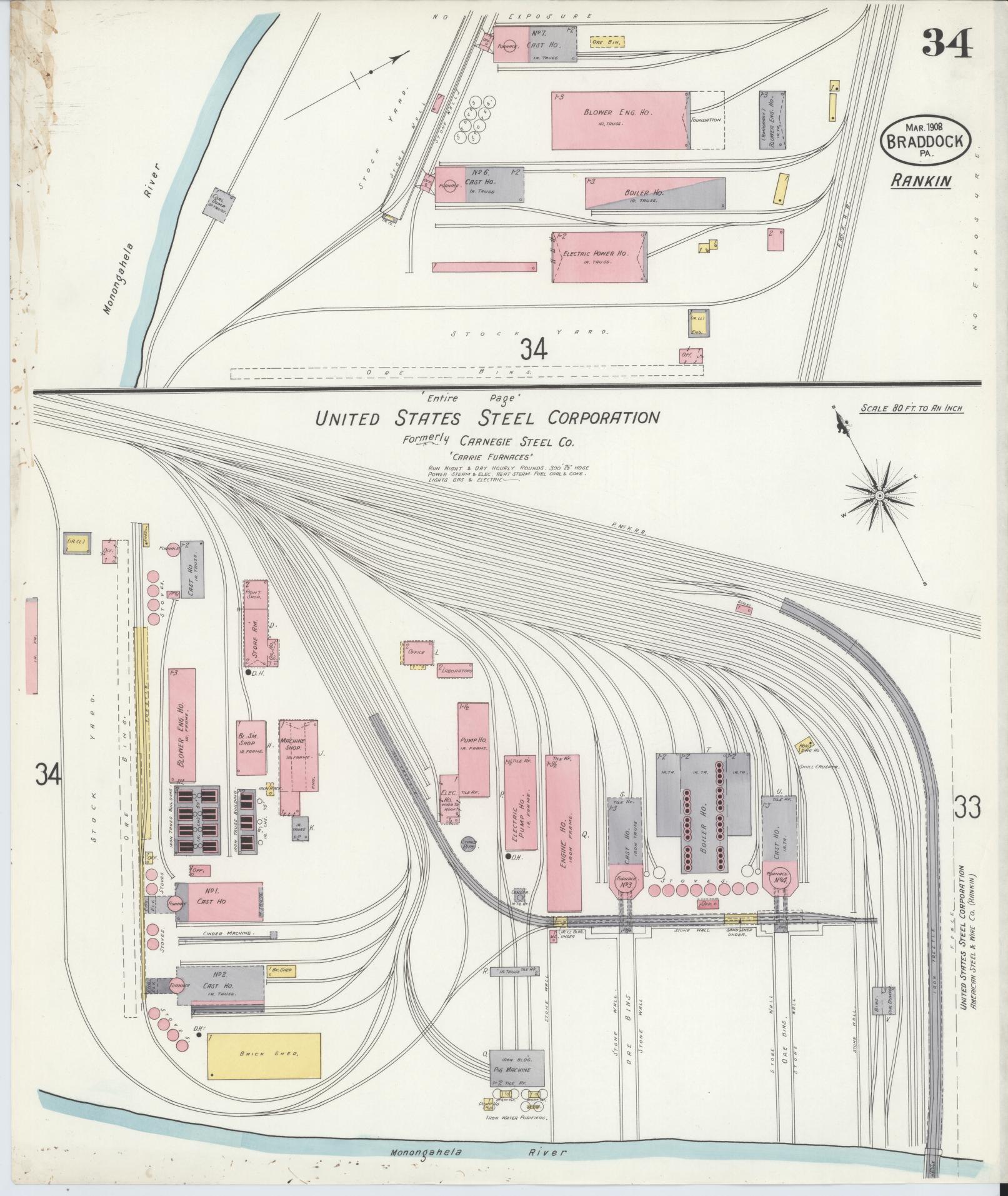 Sanborn Fire Insurance Map from Braddock, Allegheny County, Pennsylvania (1908), Sheet #0034 - Historic Sanborn Fire Insurance Map Print, vintage old map wall art, antique decor, genealogy gift, Pennsylvania Pennsylvania map