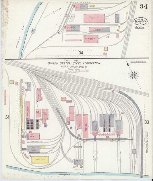 Sanborn Fire Insurance Map from Braddock, Allegheny County, Pennsylvania (1908), Sheet #0034 - Historic Sanborn Fire Insurance Map Print, vintage old map wall art, antique decor, genealogy gift, Pennsylvania Pennsylvania map