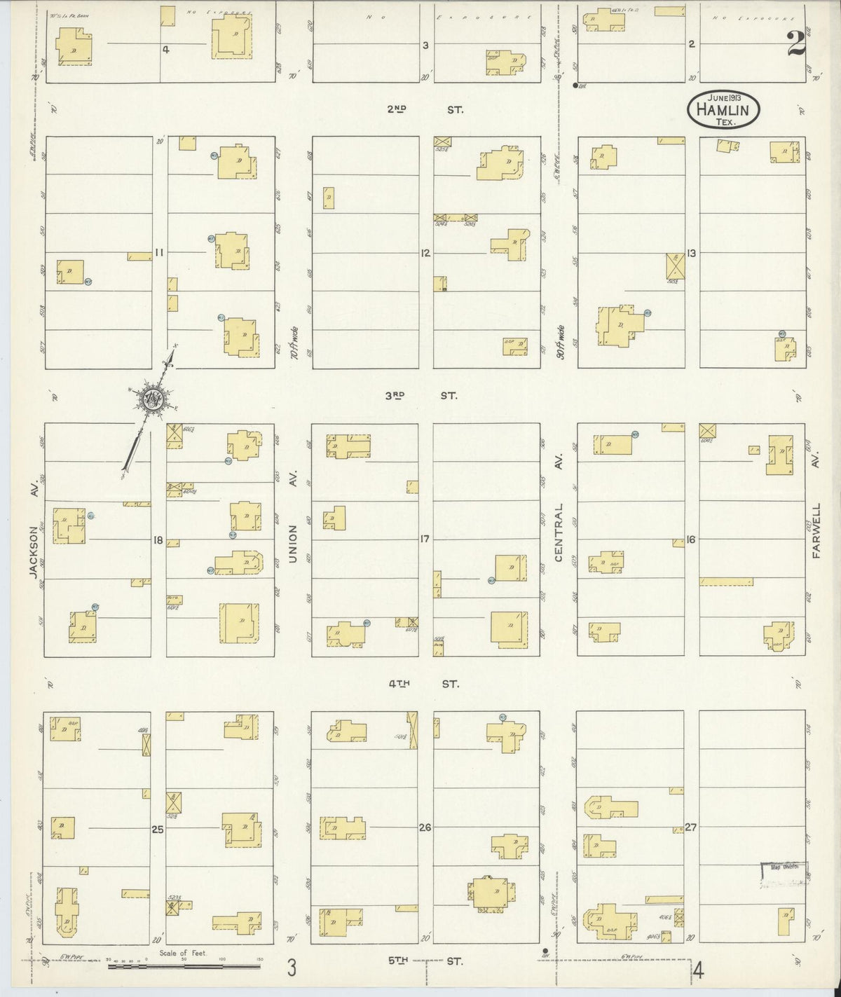 Sanborn Fire Insurance Map from Hamlin, Jones County, Texas (1913), Sheet #0002 - Historic Sanborn Fire Insurance Map Print, vintage old map wall art, antique decor, genealogy gift, Texas Texas map