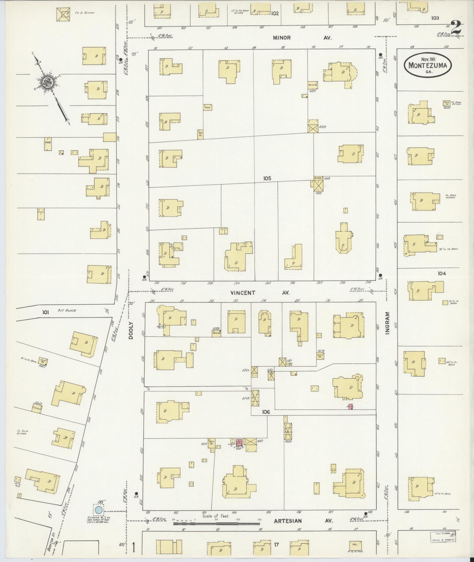 Sanborn Fire Insurance Map from Montezuma, Macon County, Georgia (1911), Sheet #0002 - Historic Sanborn Fire Insurance Map Print, vintage old map wall art, antique decor, genealogy gift, Georgia Georgia map