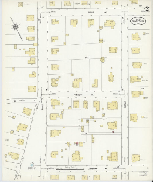 Sanborn Fire Insurance Map from Montezuma, Macon County, Georgia (1911), Sheet #0002 - Historic Sanborn Fire Insurance Map Print, vintage old map wall art, antique decor, genealogy gift, Georgia Georgia map
