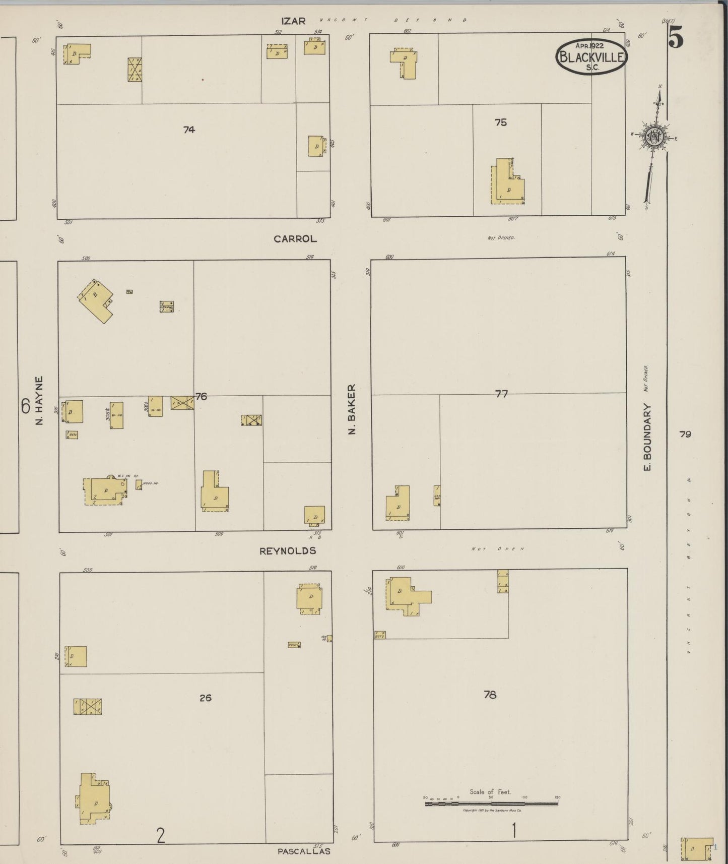 Sanborn Fire Insurance Map from Blackville, Barnwell County, South Carolina (1922), Sheet #0005 - Complete Map Set gallery image, historic Sanborn map, vintage wall art, South Carolina South Carolina