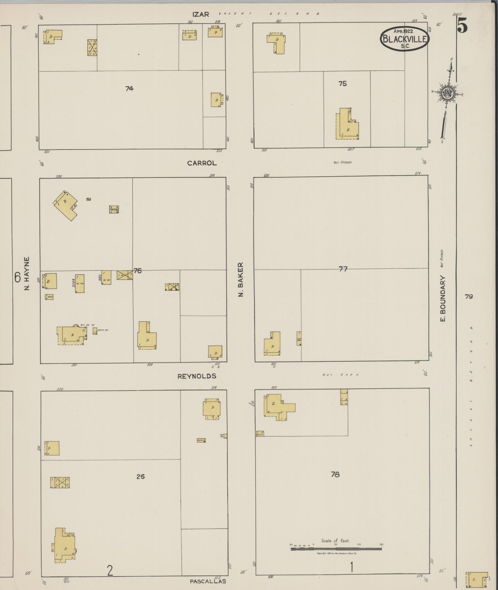 Sanborn Fire Insurance Map from Blackville, Barnwell County, South Carolina (1922), Sheet #0005 - Complete Map Set gallery image, historic Sanborn map, vintage wall art, South Carolina South Carolina