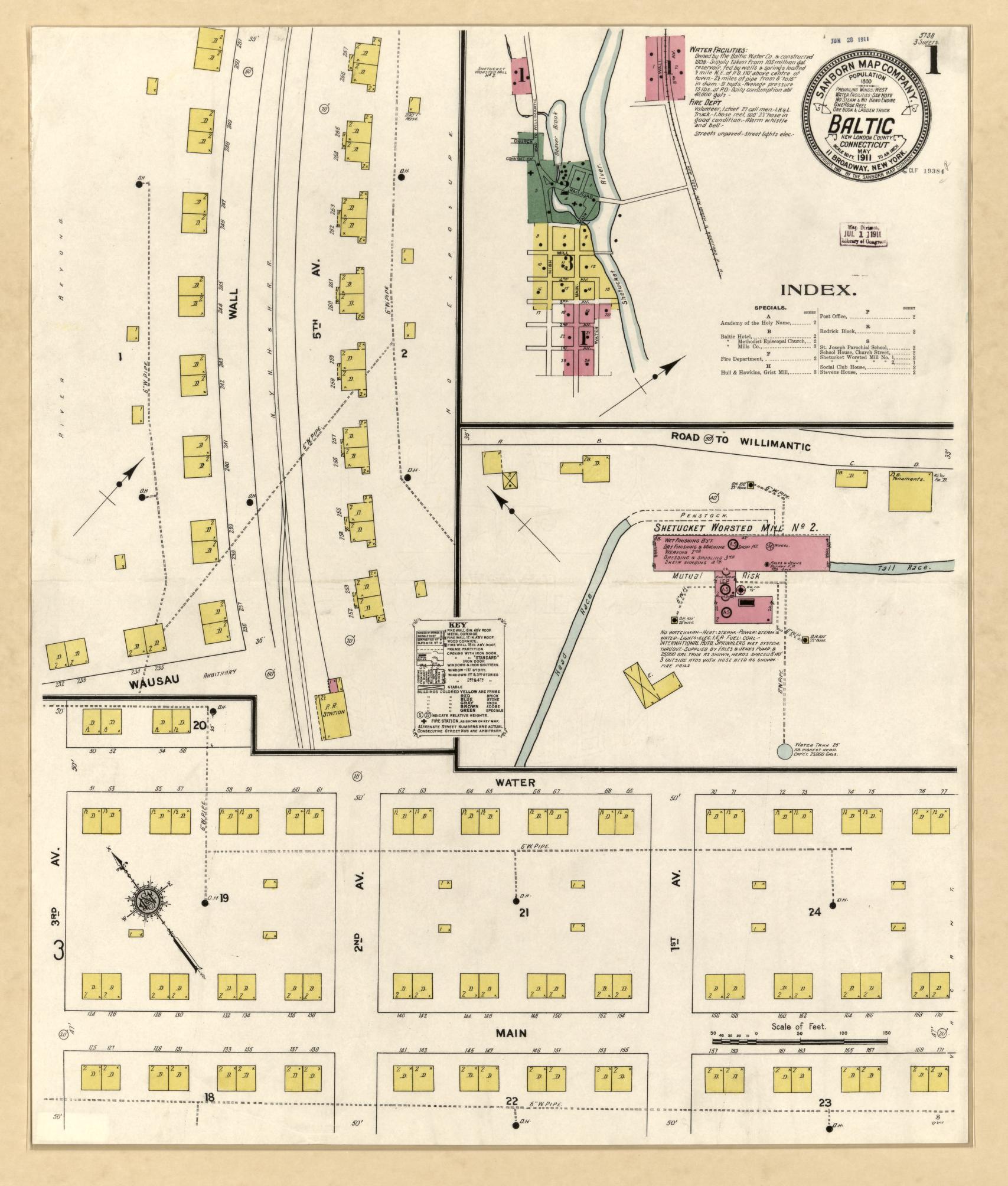 Sanborn Fire Insurance Map from Baltic, New London County, Connecticut (1911), Sheet #0001 - Historic Sanborn Fire Insurance Map Print, vintage old map wall art, antique decor, genealogy gift, Connecticut Connecticut map