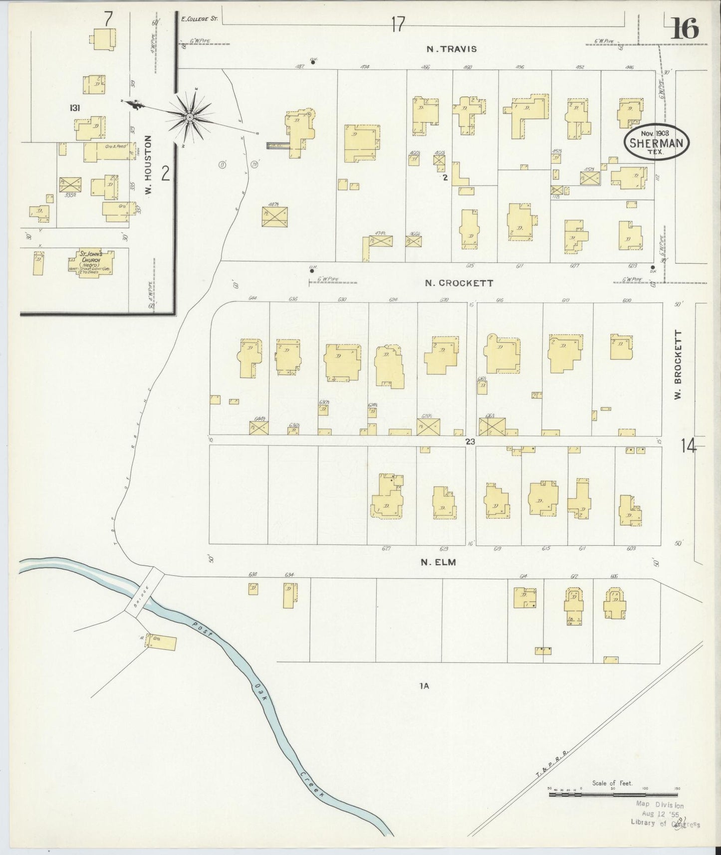 Sanborn Fire Insurance Map from Sherman, Grayson County, Texas (1908), Sheet #0016 - Historic Sanborn Fire Insurance Map Print, vintage old map wall art, antique decor, genealogy gift, Texas Texas map
