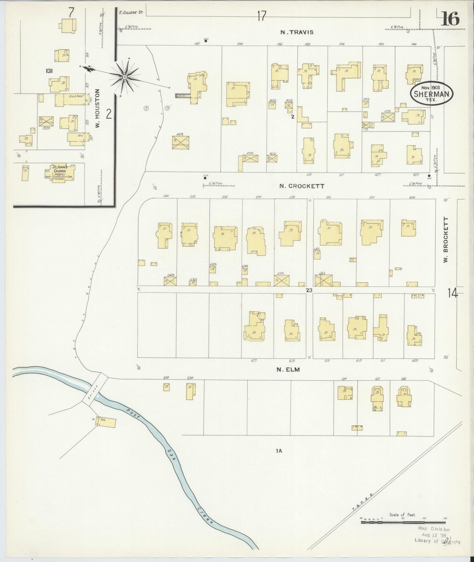 Sanborn Fire Insurance Map from Sherman, Grayson County, Texas (1908), Sheet #0016 - Historic Sanborn Fire Insurance Map Print, vintage old map wall art, antique decor, genealogy gift, Texas Texas map