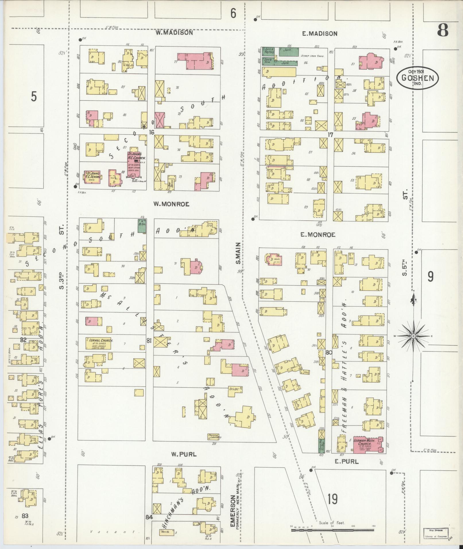 Sanborn Fire Insurance Map from Goshen, Elkhart County, Indiana (1901), Sheet #0008 - Complete Map Set gallery image, historic Sanborn map, vintage wall art, Indiana Indiana