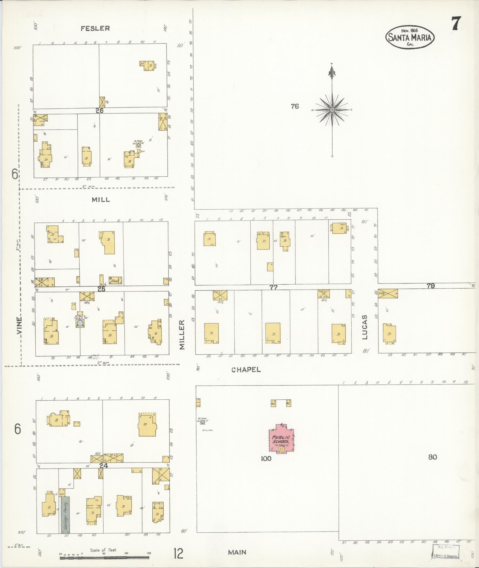 Sanborn Fire Insurance Map from Santa Maria, Santa Barbara County, California (1906), Sheet #0007 - Complete Map Set gallery image, historic Sanborn map, vintage wall art, California California