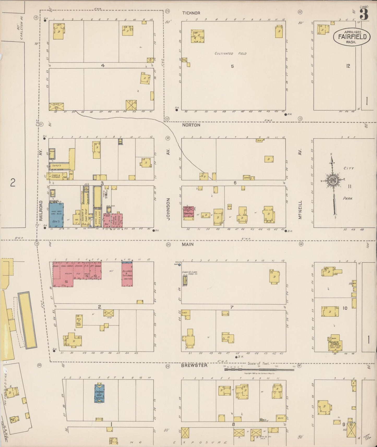 Sanborn Fire Insurance Map from Fairfield, Spokane County, Washington (1922), Sheet #0003 - Complete Map Set gallery image, historic Sanborn map, vintage wall art, Washington Washington
