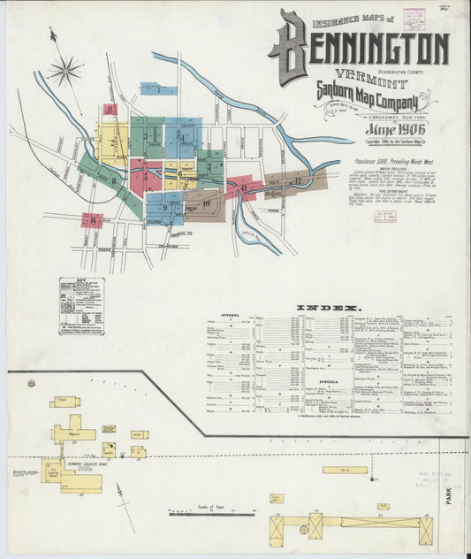 Sanborn Fire Insurance Map from Bennington, Bennington County, Vermont (1906), Sheet #0001 - Historic Sanborn Fire Insurance Map Print, vintage old map wall art, antique decor, genealogy gift, Vermont Vermont map