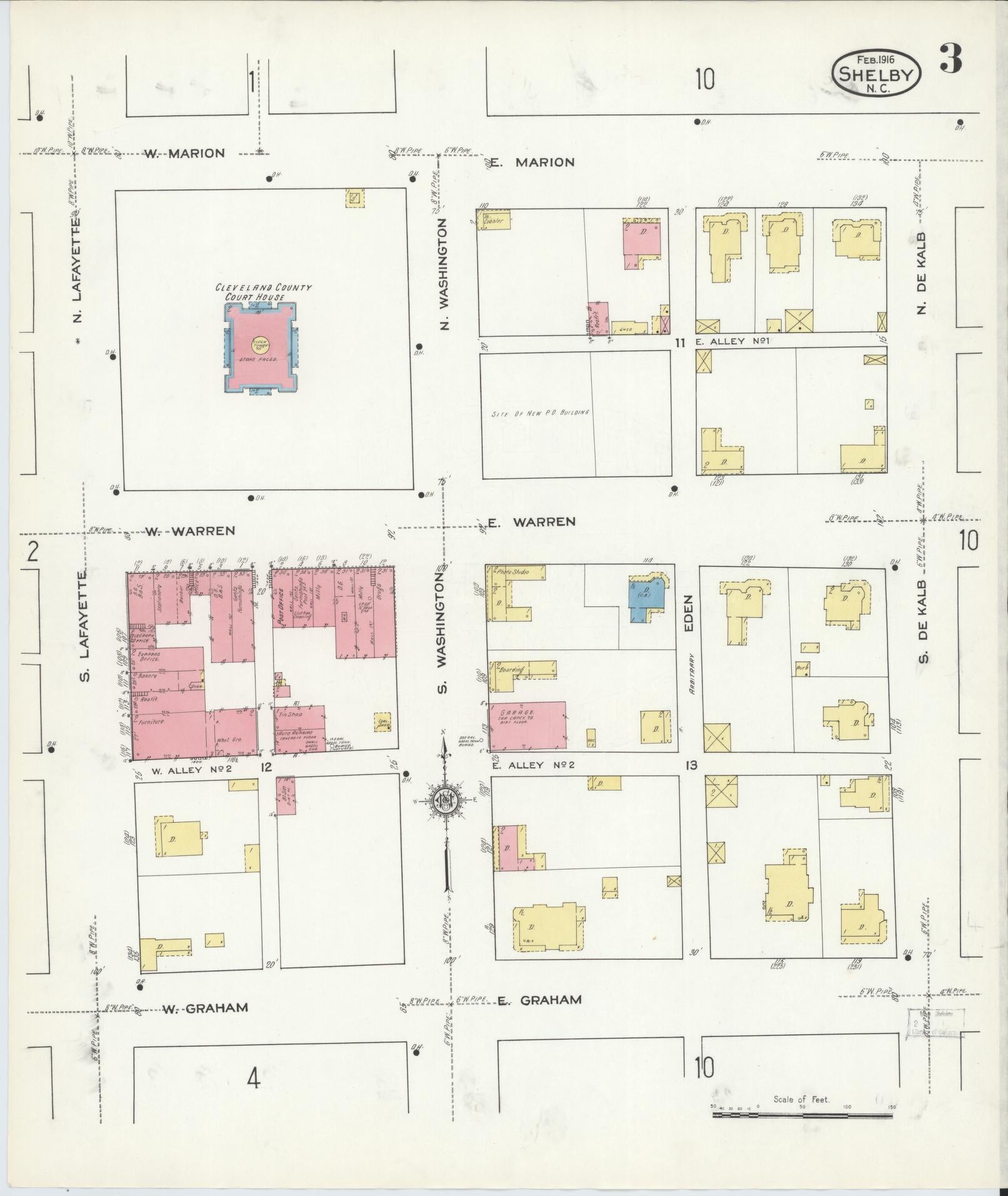 Sanborn Fire Insurance Map from Shelby, Cleveland County, North Carolina (1916), Sheet #0003 - Complete Map Set gallery image, historic Sanborn map, vintage wall art, North Carolina North Carolina