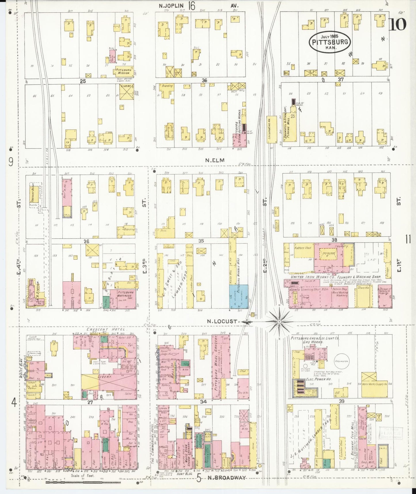 Sanborn Fire Insurance Map from Pittsburg, Crawford County, Kansas (1905), Sheet #0010 - Historic Sanborn Fire Insurance Map Print, vintage old map wall art, antique decor, genealogy gift, Kansas Kansas map