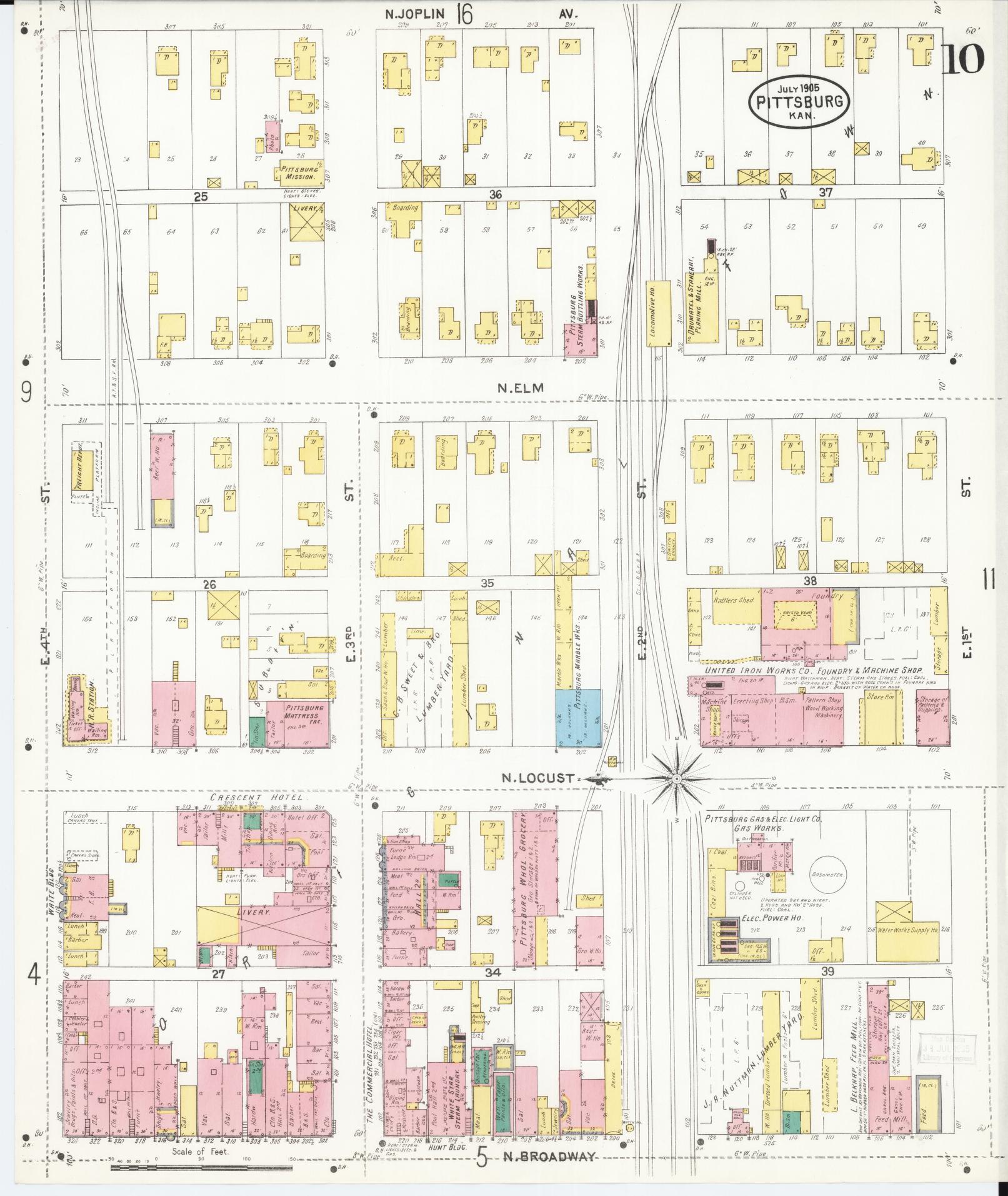 Sanborn Fire Insurance Map from Pittsburg, Crawford County, Kansas (1905), Sheet #0010 - Historic Sanborn Fire Insurance Map Print, vintage old map wall art, antique decor, genealogy gift, Kansas Kansas map