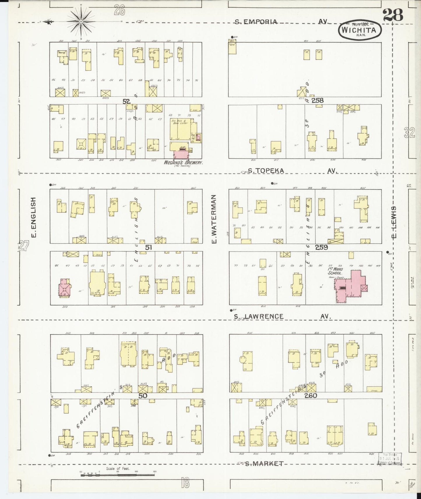 Sanborn Fire Insurance Map from Wichita, Sedgwick County, Kansas (1892), Sheet #0028 - Complete Map Set gallery image, historic Sanborn map, vintage wall art, Kansas Kansas