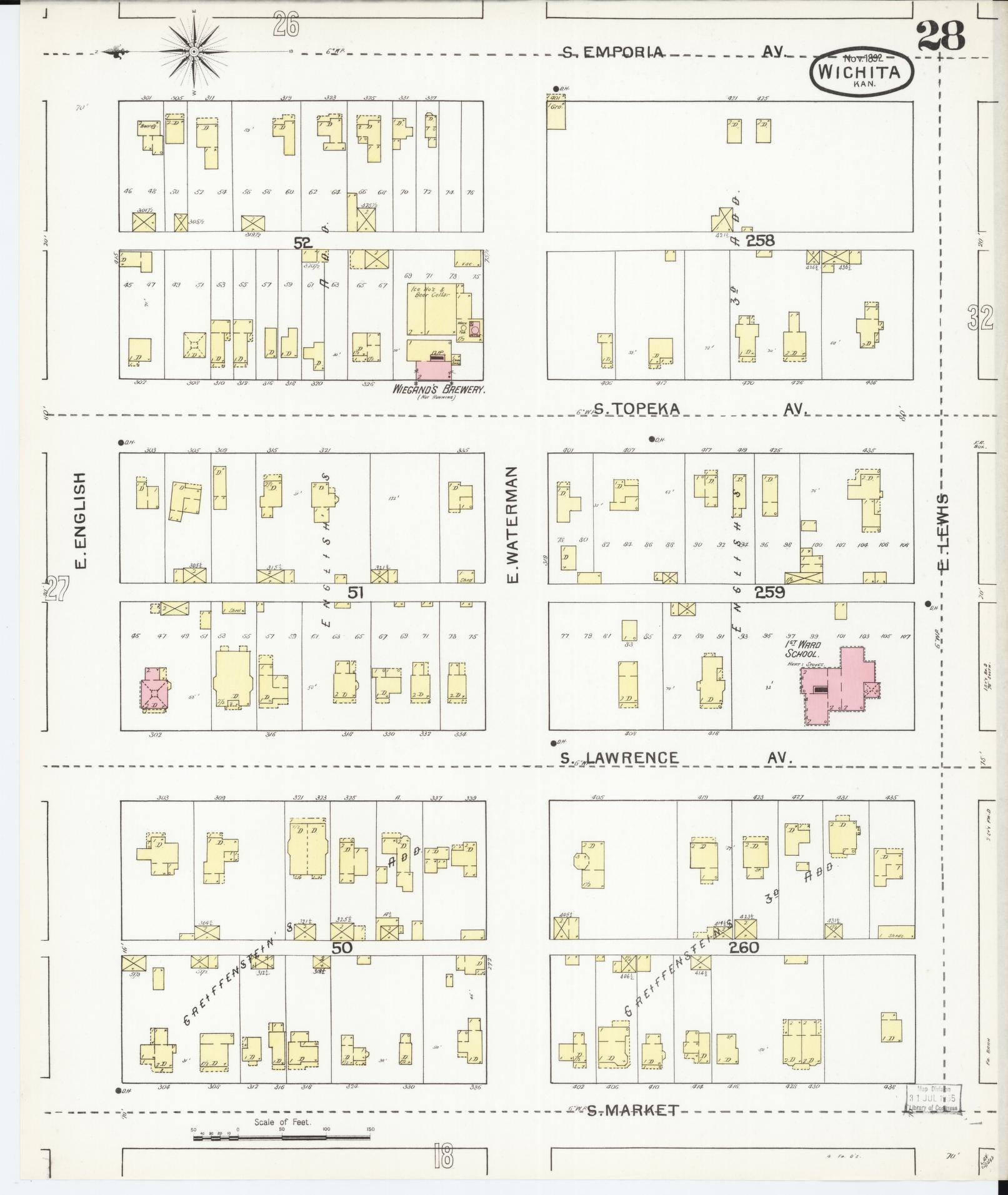Sanborn Fire Insurance Map from Wichita, Sedgwick County, Kansas (1892), Sheet #0028 - Complete Map Set gallery image, historic Sanborn map, vintage wall art, Kansas Kansas