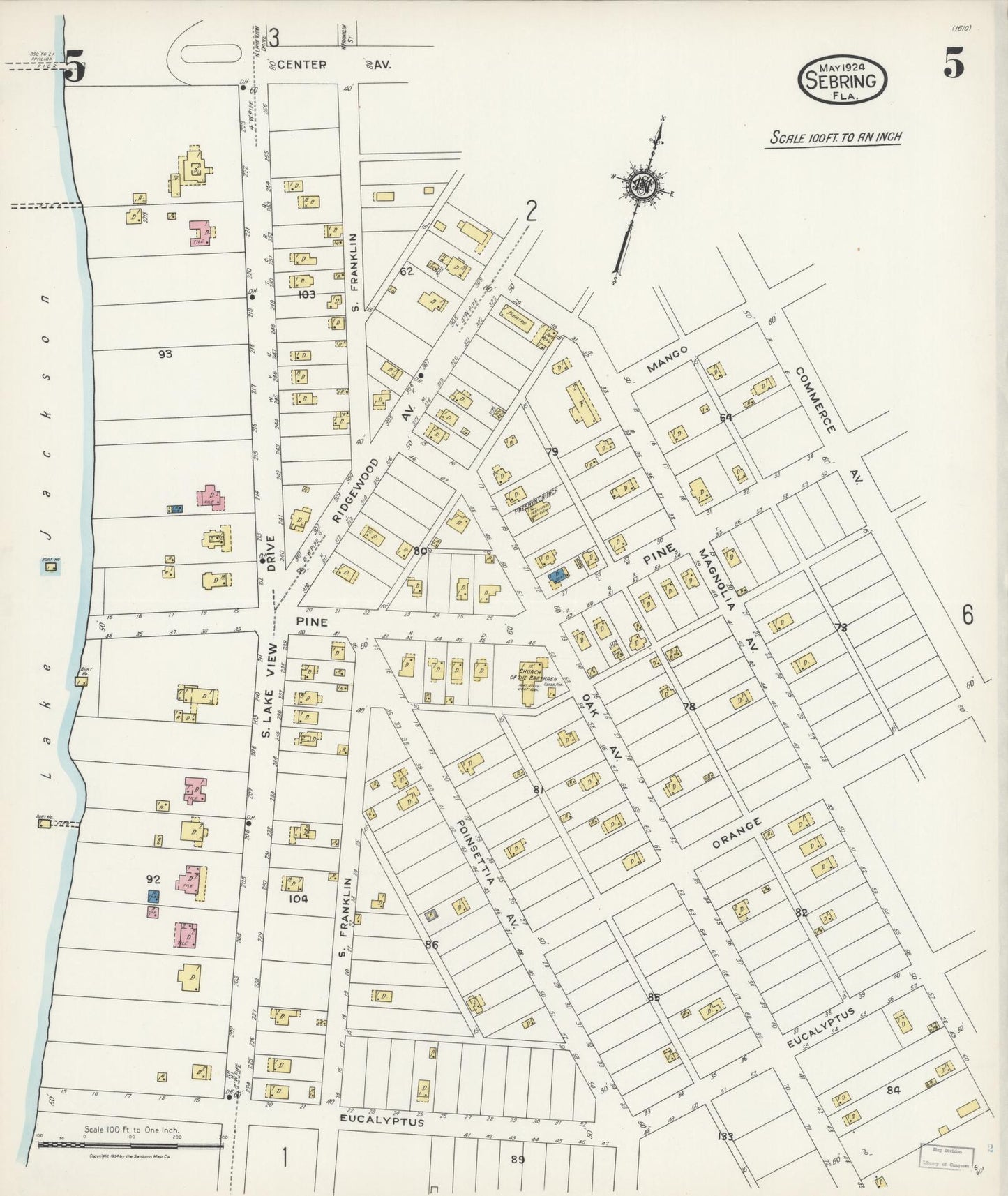 Sanborn Fire Insurance Map from Sebring, Highlands County, Florida (1924), Sheet #0005 - Complete Map Set gallery image, historic Sanborn map, vintage wall art, Florida Florida