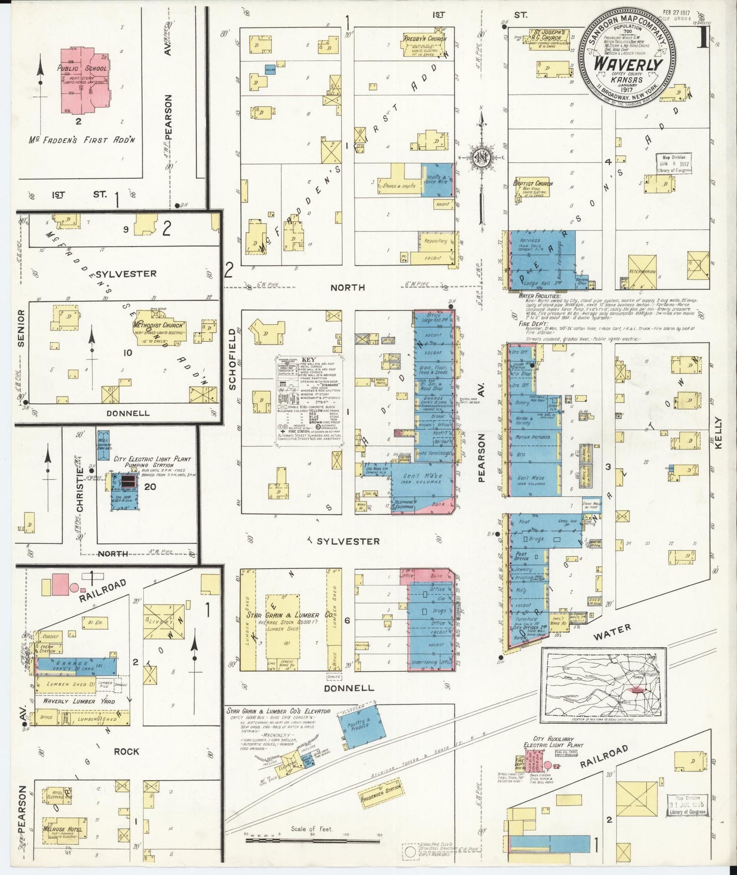 Sanborn Fire Insurance Map from Waverly, Coffey County, Kansas (1917), Sheet #0001 - Complete Map Set gallery image, historic Sanborn map, vintage wall art, Kansas Kansas