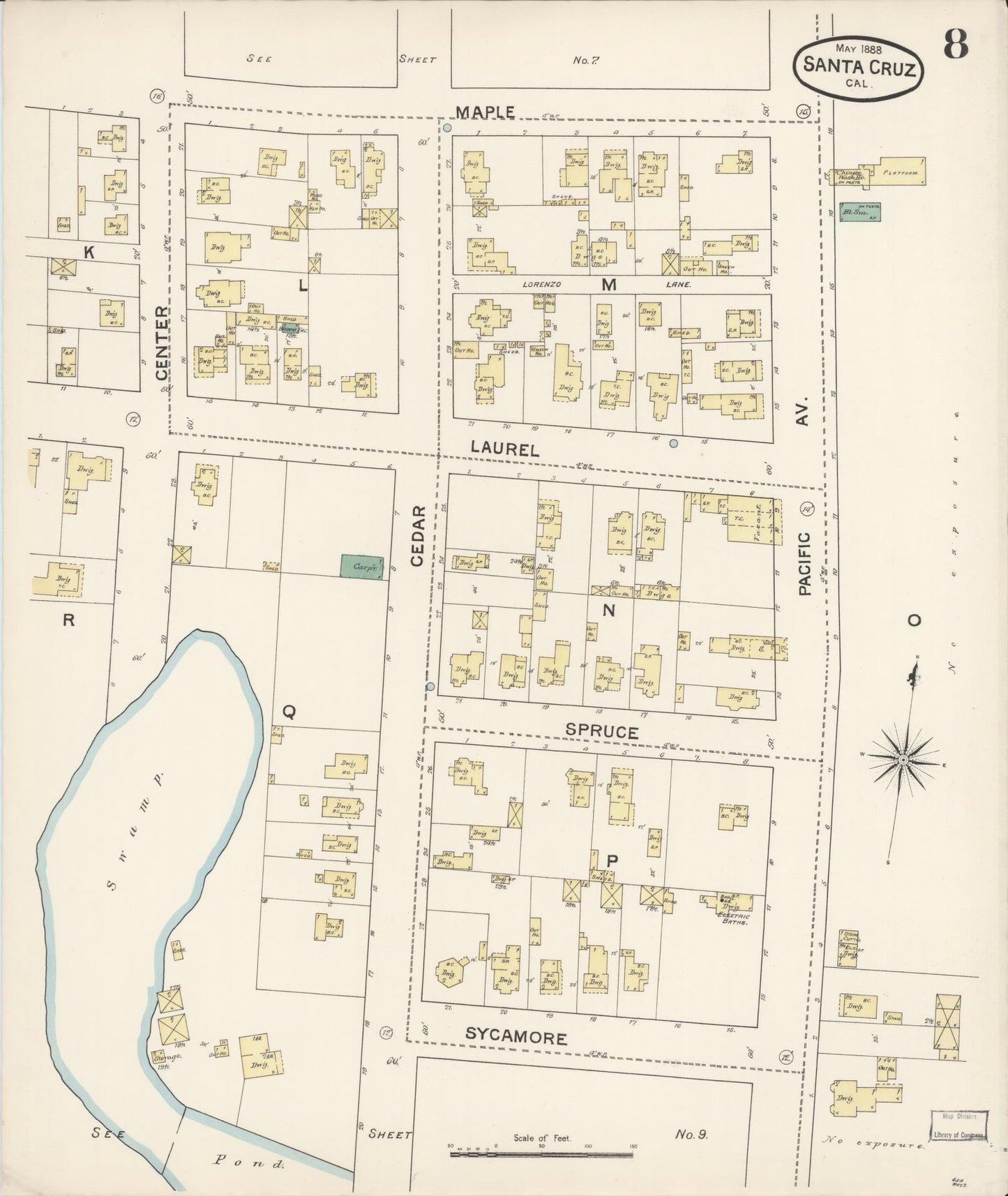 Sanborn Fire Insurance Map from Santa Cruz, Santa Cruz County, California (1888), Sheet #0008 - Complete Map Set gallery image, historic Sanborn map, vintage wall art, California California