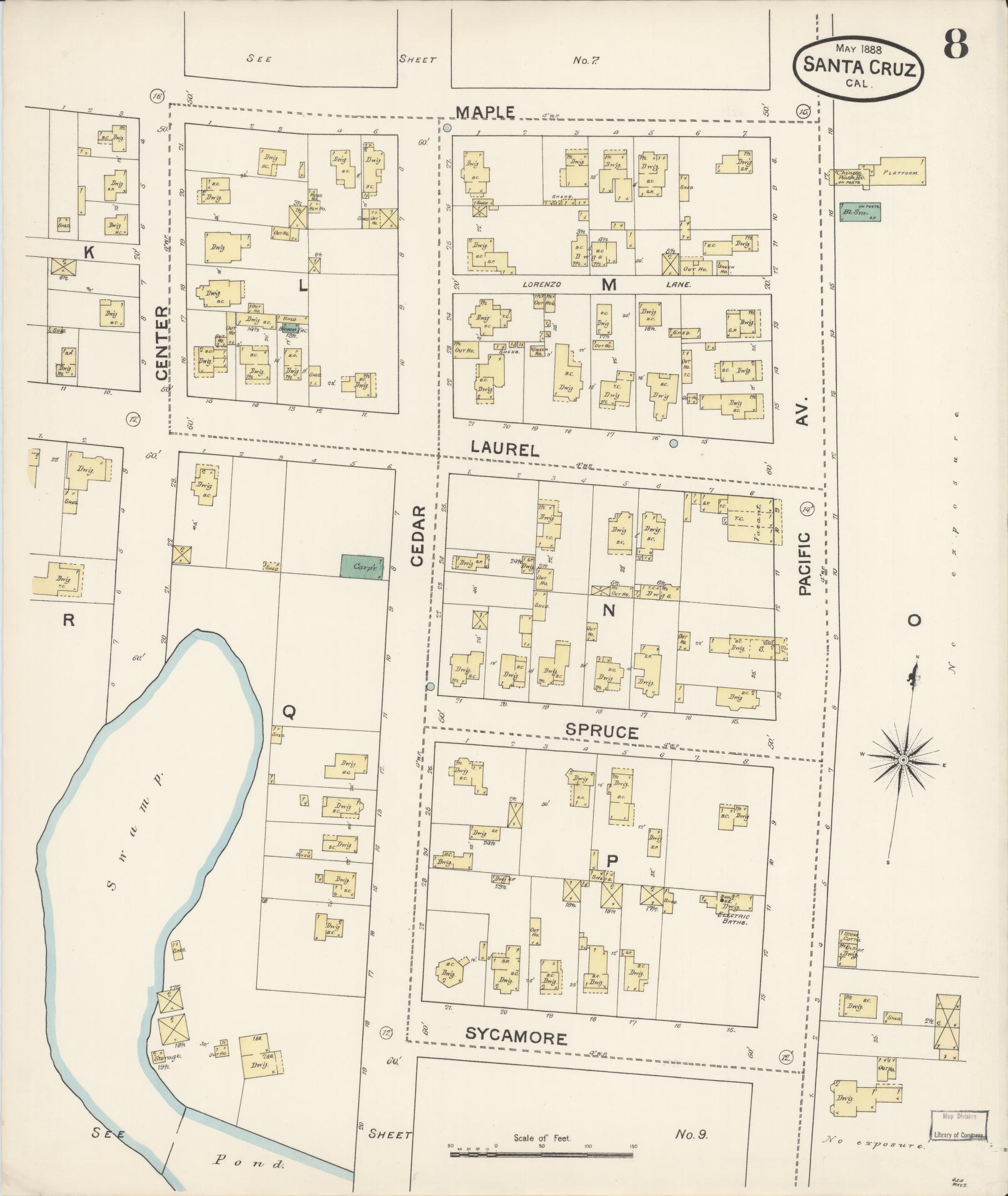 Sanborn Fire Insurance Map from Santa Cruz, Santa Cruz County, California (1888), Sheet #0008 - Complete Map Set gallery image, historic Sanborn map, vintage wall art, California California