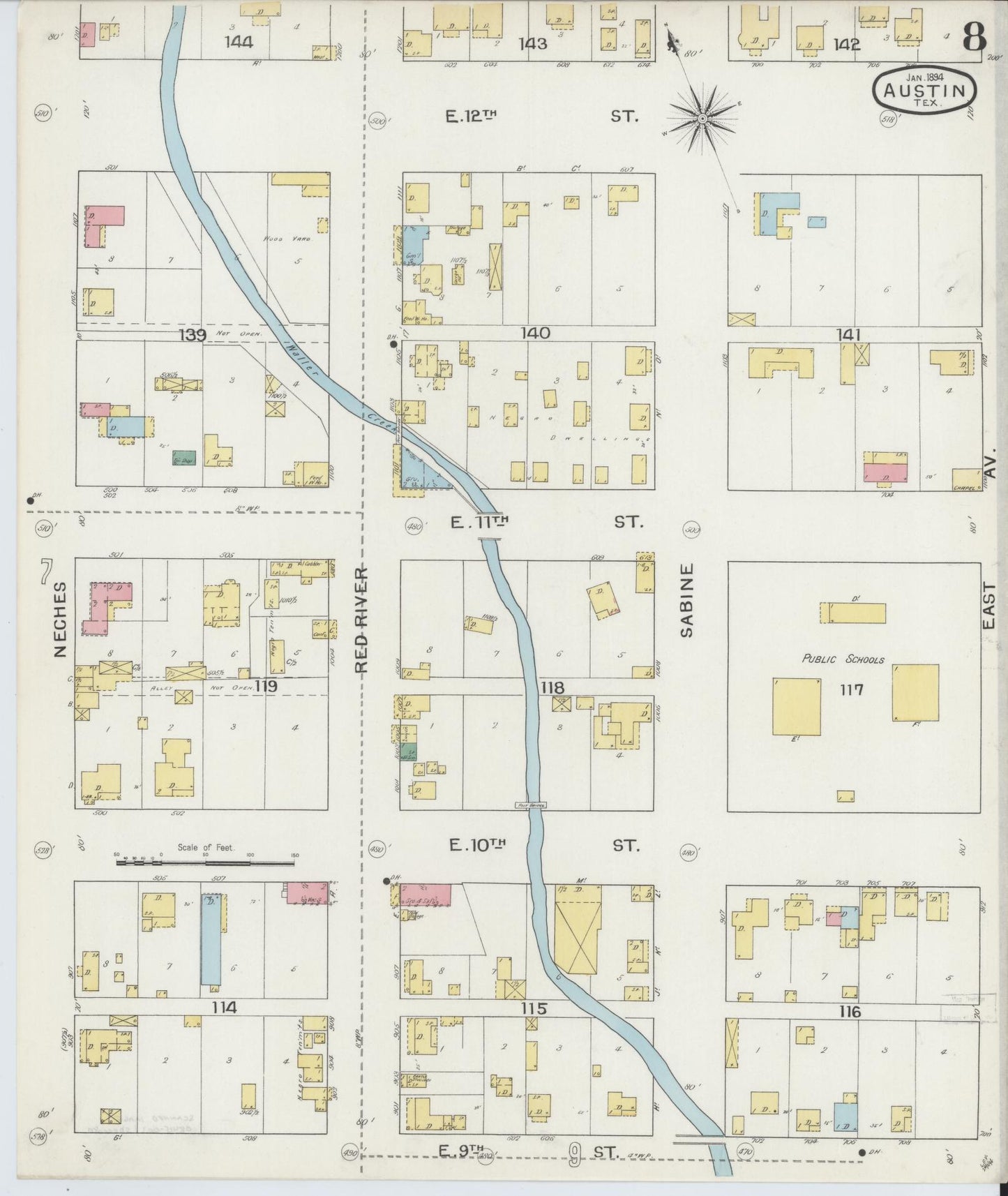 Sanborn Fire Insurance Map from Austin, Travis County, Texas (1894), Sheet #0008 - Historic Sanborn Fire Insurance Map Print, vintage old map wall art, antique decor, genealogy gift, Texas Texas map