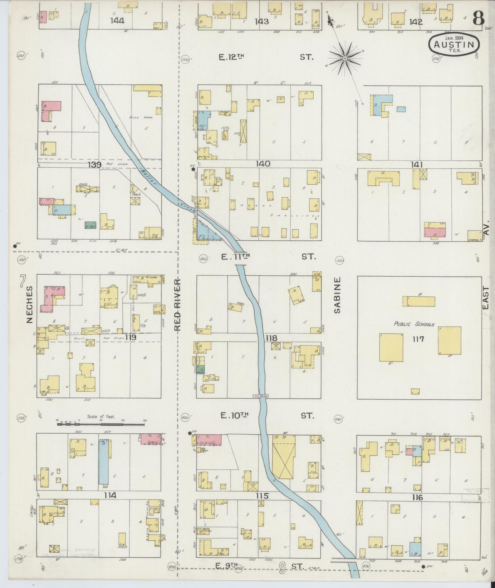 Sanborn Fire Insurance Map from Austin, Travis County, Texas (1894), Sheet #0008 - Historic Sanborn Fire Insurance Map Print, vintage old map wall art, antique decor, genealogy gift, Texas Texas map