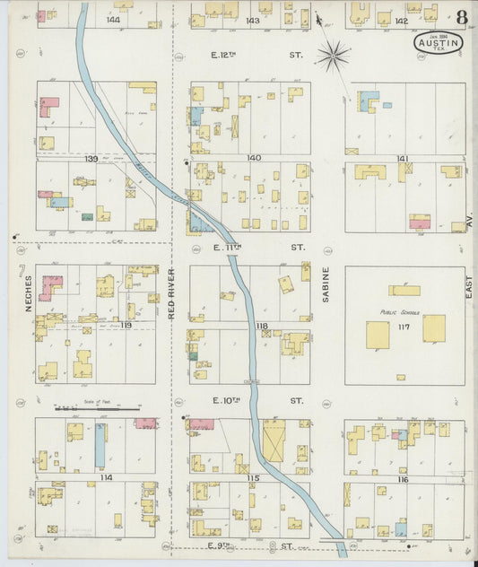 Sanborn Fire Insurance Map from Austin, Travis County, Texas (1894), Sheet #0008 - Historic Sanborn Fire Insurance Map Print, vintage old map wall art, antique decor, genealogy gift, Texas Texas map