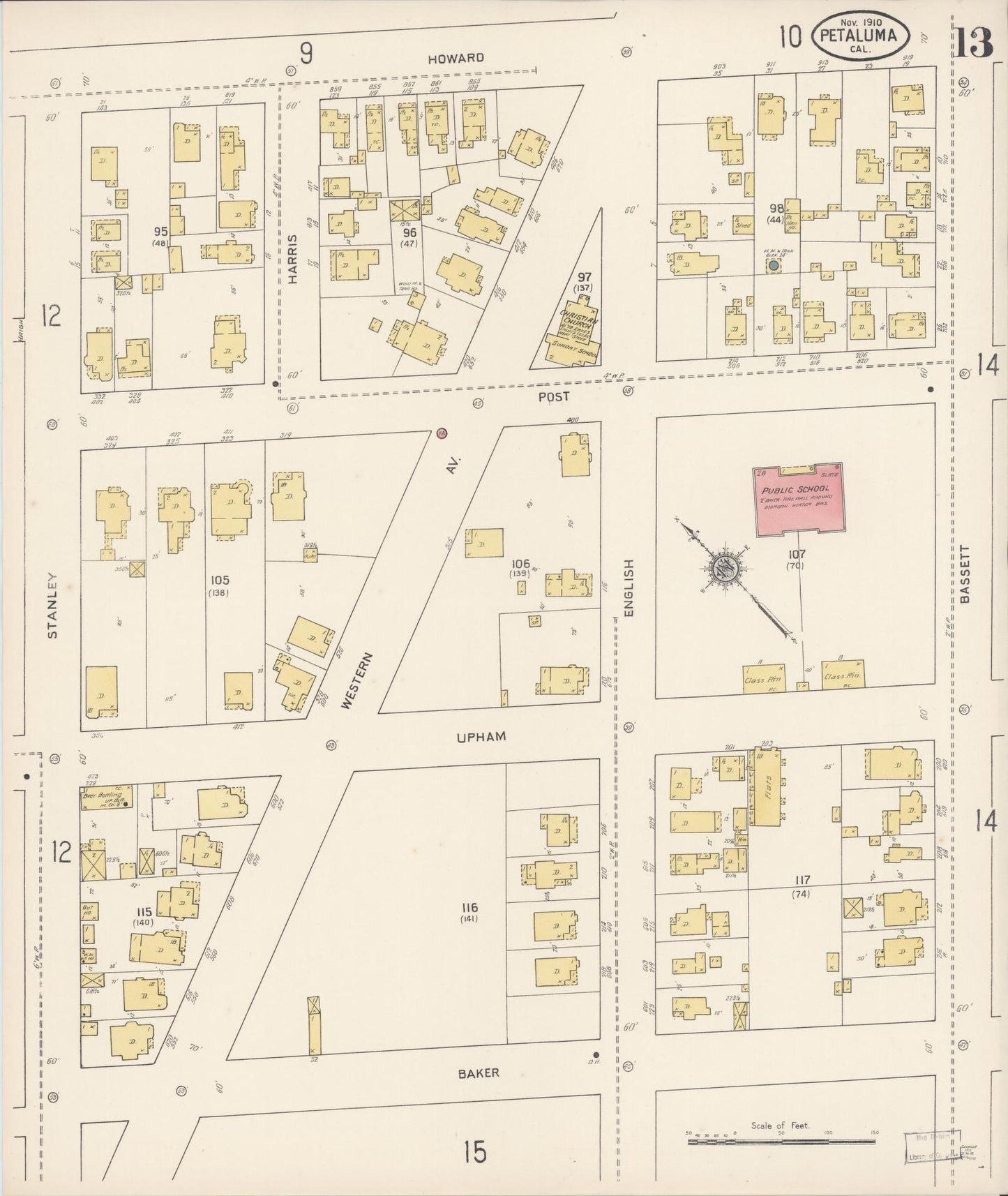 Sanborn Fire Insurance Map from Petaluma, Sonoma County, California (1910), Sheet #0013 - Complete Map Set gallery image, historic Sanborn map, vintage wall art, California California