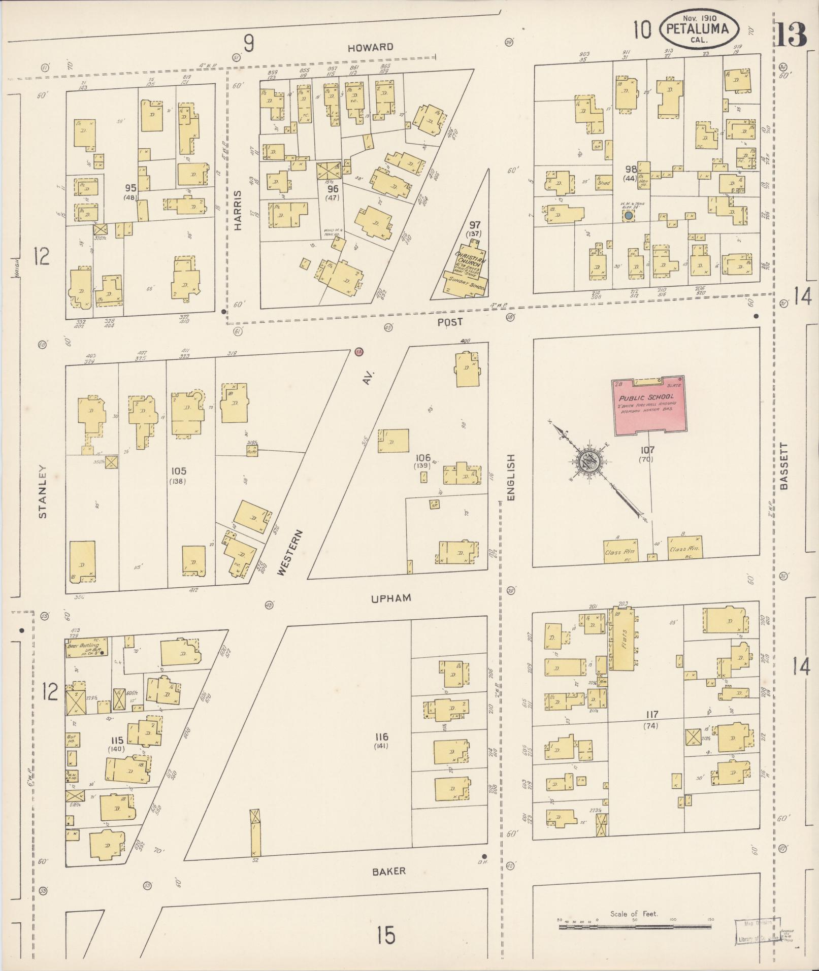 Sanborn Fire Insurance Map from Petaluma, Sonoma County, California (1910), Sheet #0013 - Complete Map Set gallery image, historic Sanborn map, vintage wall art, California California