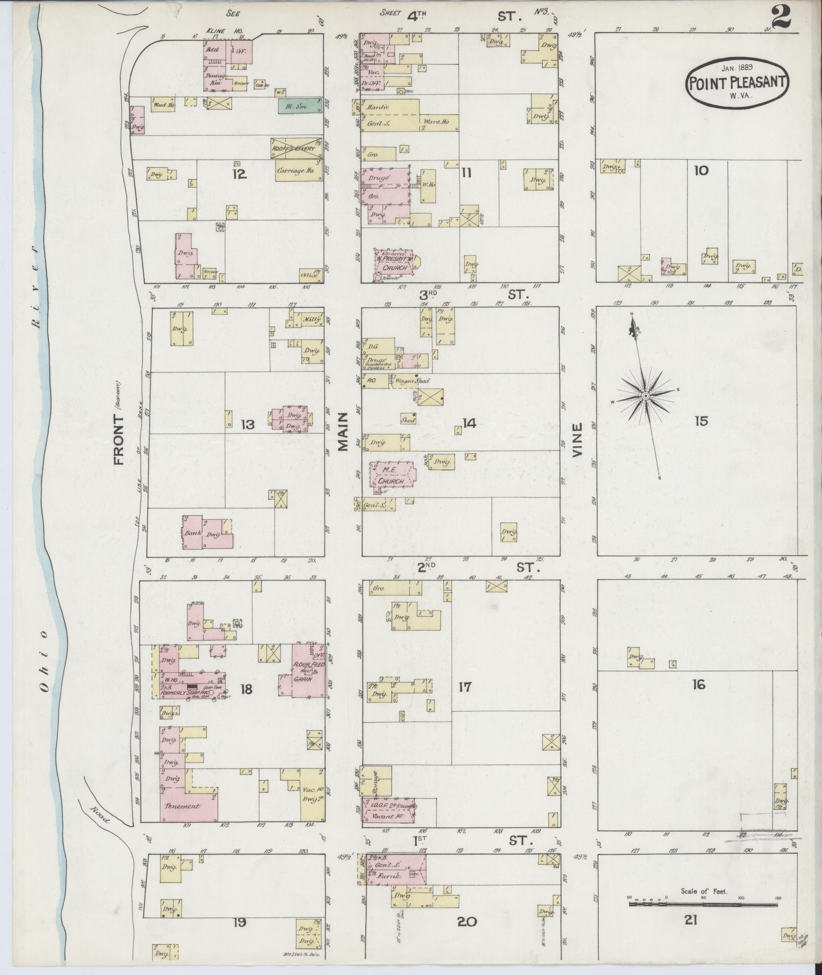 Sanborn Fire Insurance Map from Point Pleasant, Mason County, West Virginia (1889), Sheet #0002 - Historic Sanborn Fire Insurance Map Print, vintage old map wall art, antique decor, genealogy gift, West Virginia West Virginia map