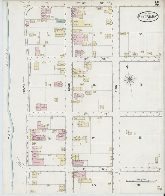 Sanborn Fire Insurance Map from Point Pleasant, Mason County, West Virginia (1889), Sheet #0002 - Historic Sanborn Fire Insurance Map Print, vintage old map wall art, antique decor, genealogy gift, West Virginia West Virginia map