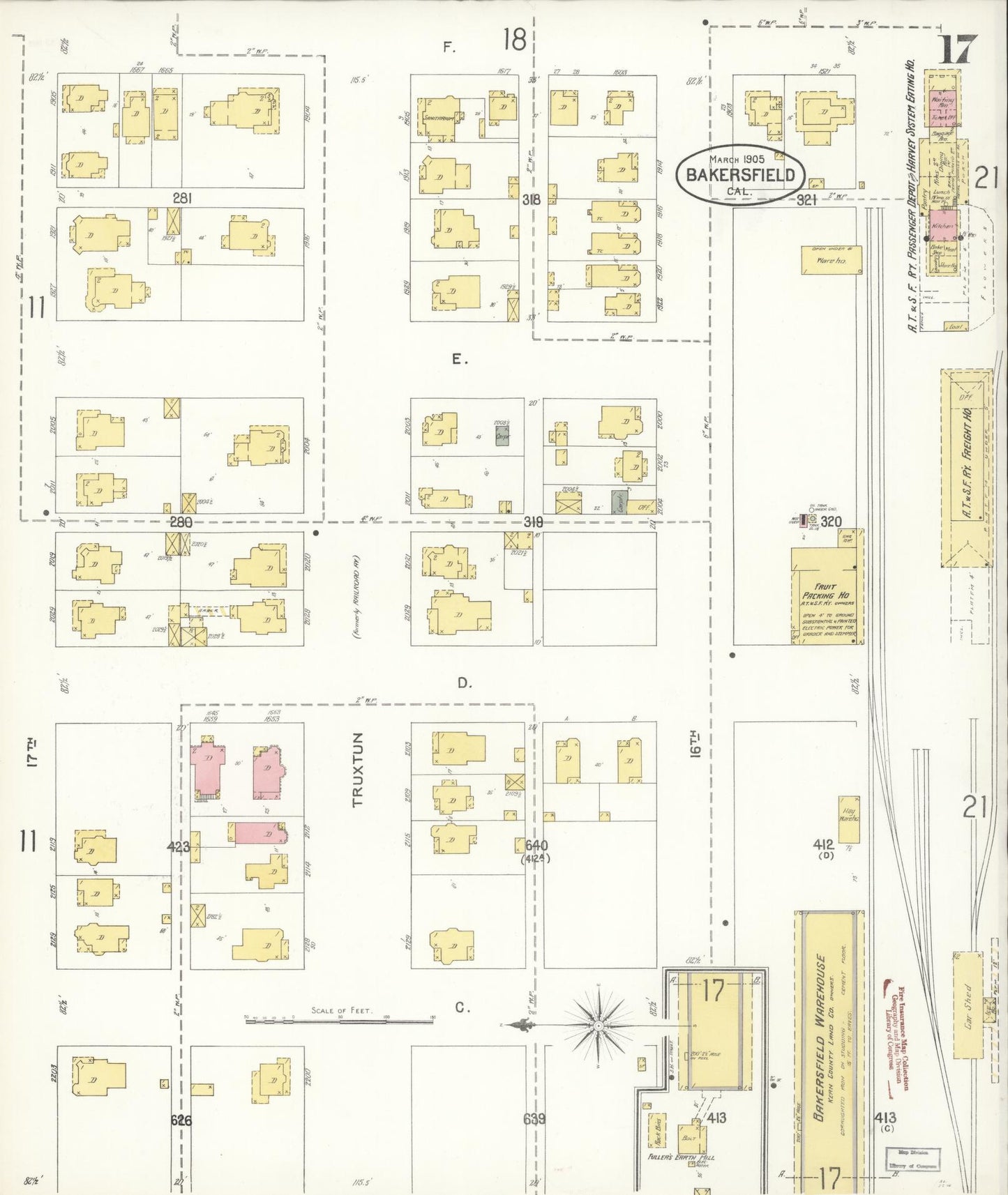 Sanborn Fire Insurance Map from Bakersfield, Kern County, California (1905), Sheet #0017 - Historic Sanborn Fire Insurance Map Print, vintage old map wall art, antique decor, genealogy gift, California California map