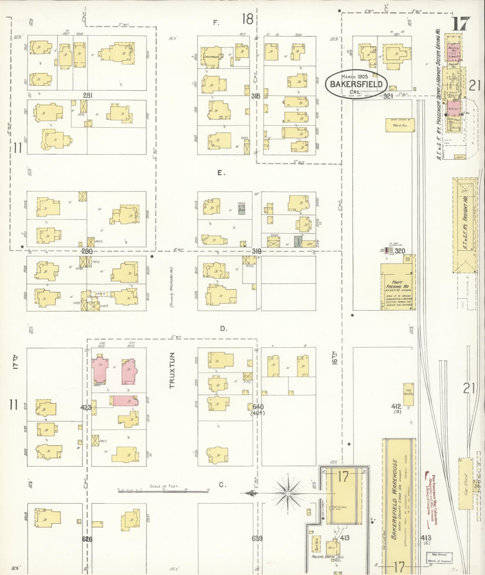 Sanborn Fire Insurance Map from Bakersfield, Kern County, California (1905), Sheet #0017 - Historic Sanborn Fire Insurance Map Print, vintage old map wall art, antique decor, genealogy gift, California California map