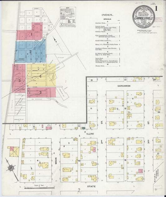 Sanborn Fire Insurance Map from Chandlerville, Cass County, Illinois (1909), Sheet #0001 - Complete Map Set gallery image, historic Sanborn map, vintage wall art, Illinois Illinois