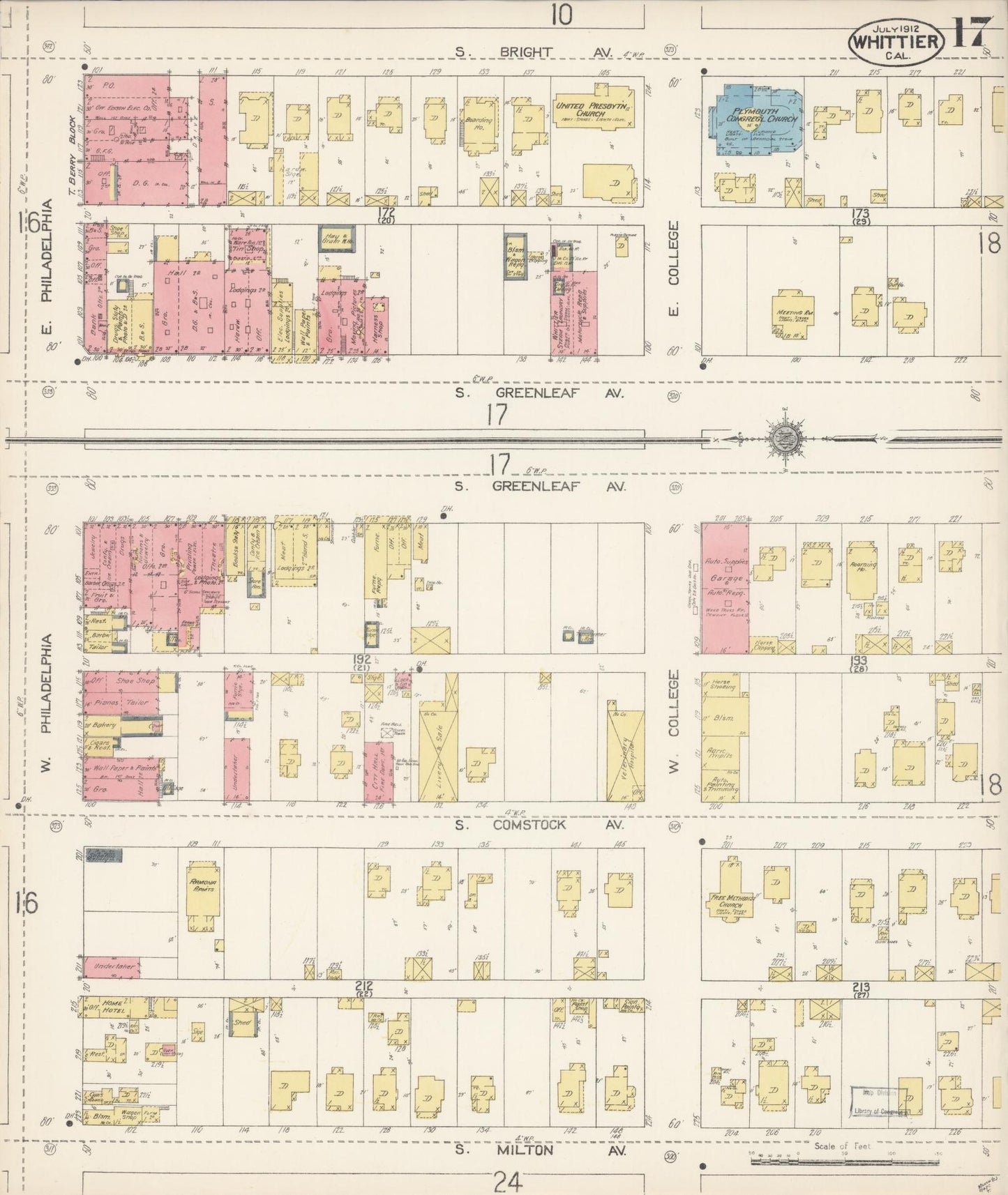 Sanborn Fire Insurance Map from Whittier, Los Angeles County, California (1912), Sheet #0017 - Complete Map Set gallery image, historic Sanborn map, vintage wall art, California California
