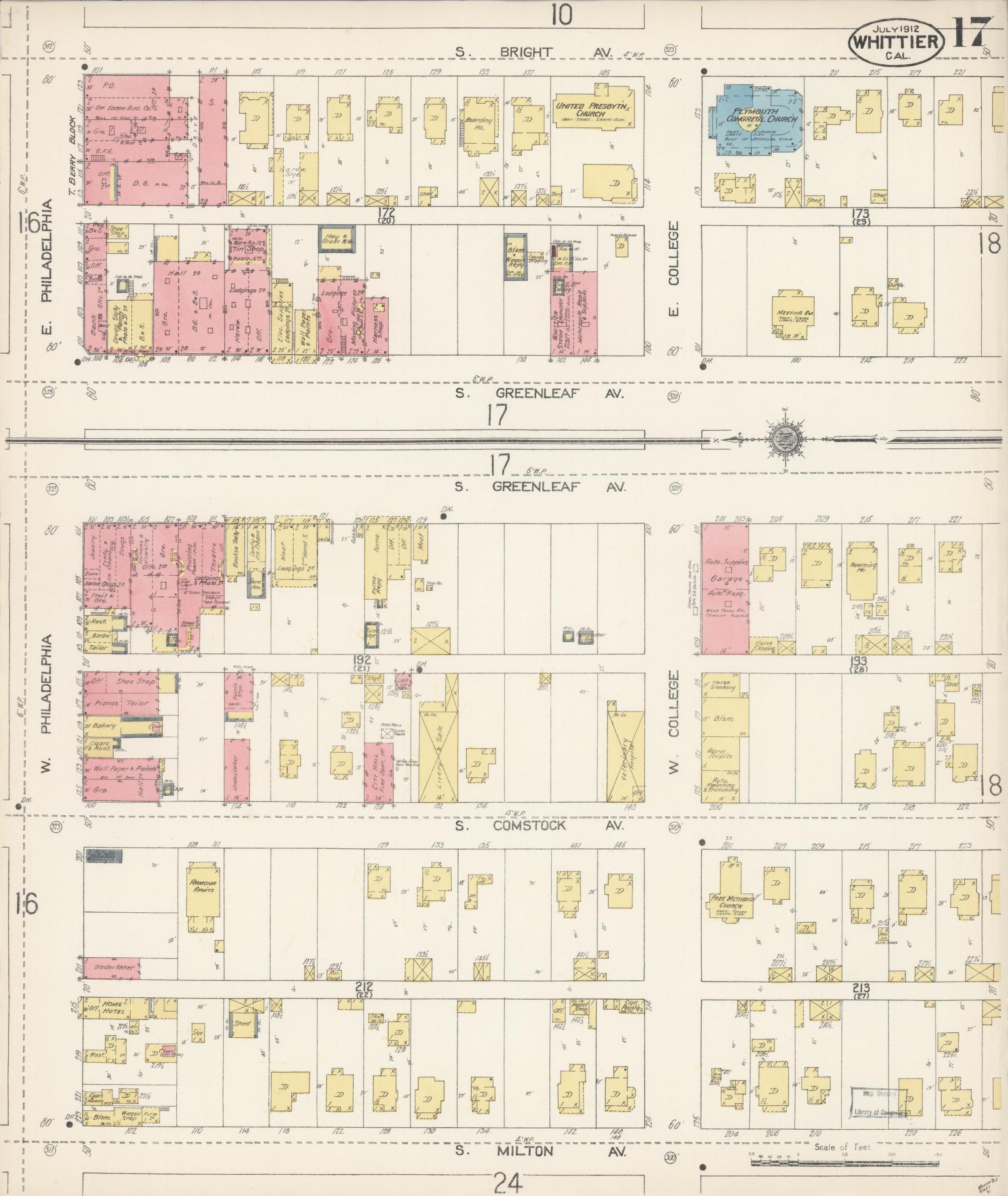 Sanborn Fire Insurance Map from Whittier, Los Angeles County, California (1912), Sheet #0017 - Complete Map Set gallery image, historic Sanborn map, vintage wall art, California California